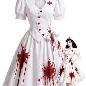 White 1950s Halloween Blood Print Nurse Cosplay Dress